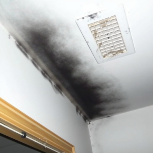 Interior of a home showing extensive soot buildup on walls, ceilings, and vents, with yellowing and discoloration on paint and furniture, and burn marks on fixtures throughout the space.