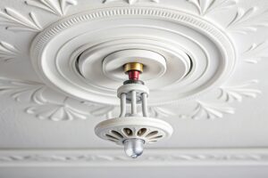 water, stock photo, fire safety, sprinkler nozzle, emergency, technology, protection, symmetrical, White pendent sprinkler nozzle with escutcheon on white symmetrical ceiling