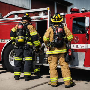 The image depicts firefighters in full gear beside a fire truck, preparing equipment for combating fires that can be extinguished by a water spray.